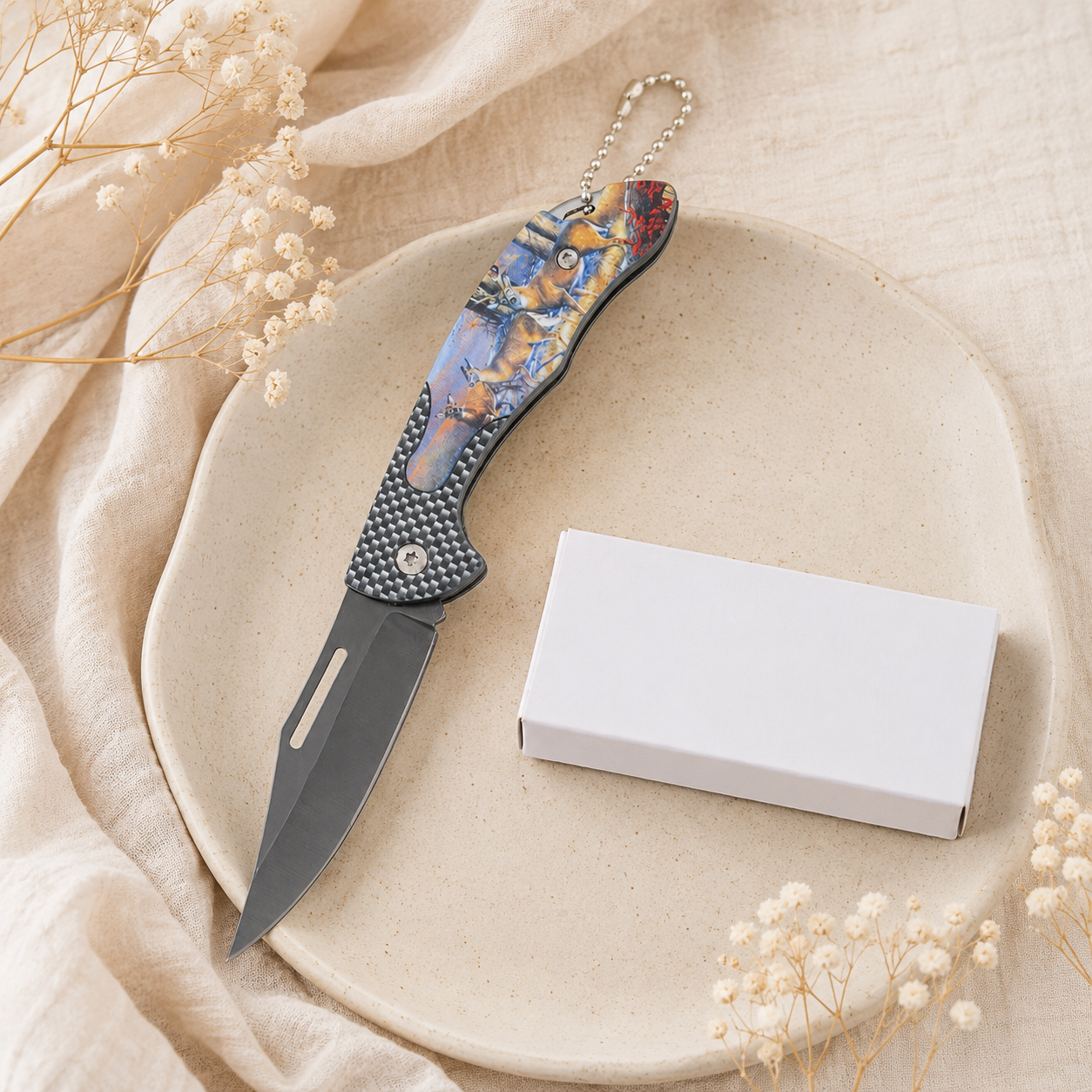 Deer Wildlife Graphic Folding Pocket Knife with Gray Blade & Keychain – Outdoor Hunter Collector Gift
