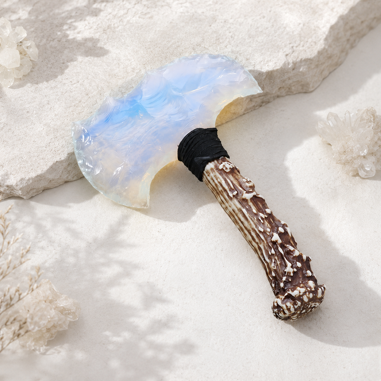 Opalite Double Crescent Axe with Antler-Style Handle, Iridescent Crystal Display Ornament, Rustic Fantasy Decor and Collector Gift