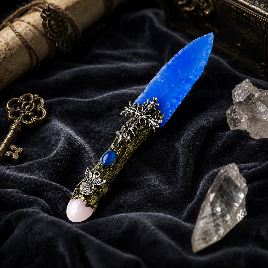 Blue Opalite Fantasy Dagger, Ornate Cross and Angel Handle, Crystal Magic Wand Display, Gothic Altar Decor and Collector Gift
