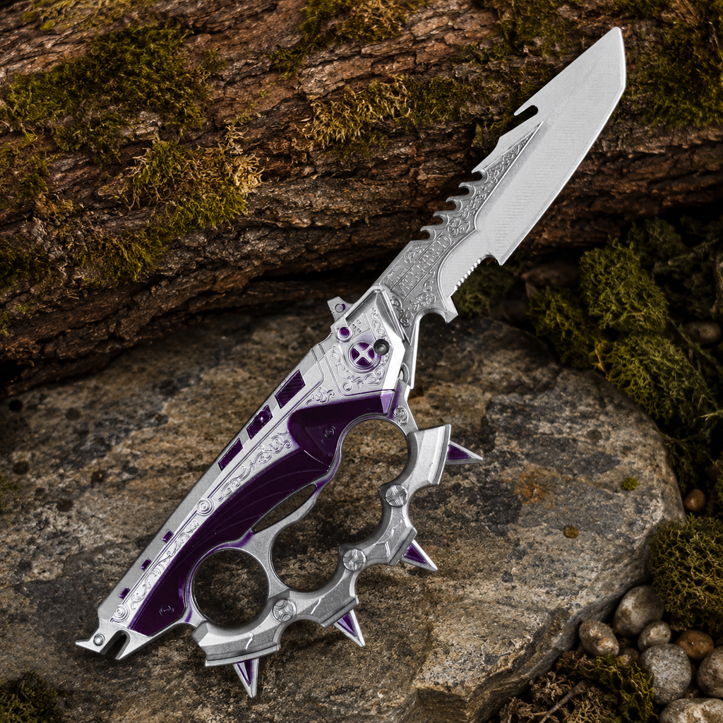 Purple & Silver Fantasy Folding Knife with Ornate Blade and Knuckle-Guard Handle – Gothic Collector Gift