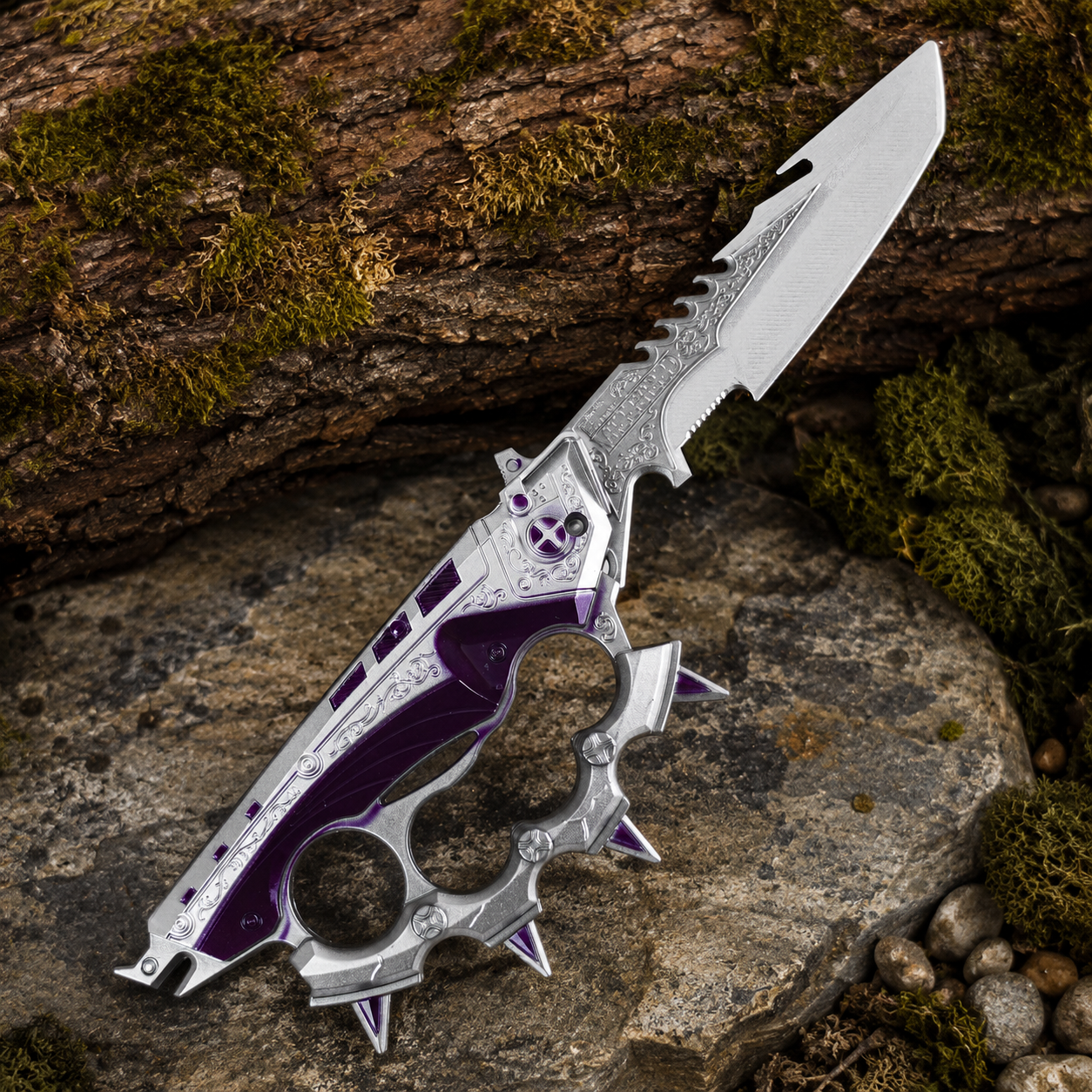 Purple & Silver Fantasy Folding Knife with Ornate Blade and Knuckle-Guard Handle – Gothic Collector Gift