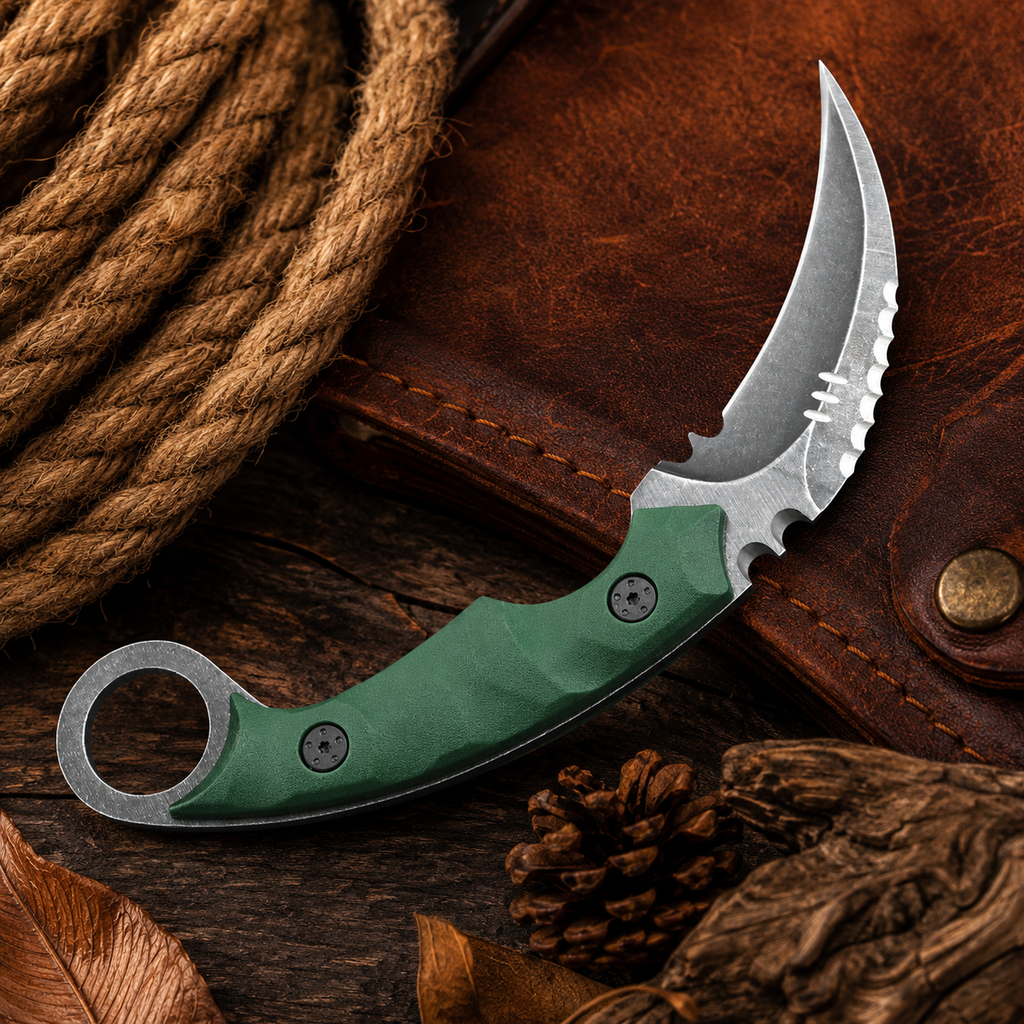 Green Handle Karambit-Style Fixed Blade Knife with Curved Silver Blade & Finger Ring – Outdoor Collector Gift