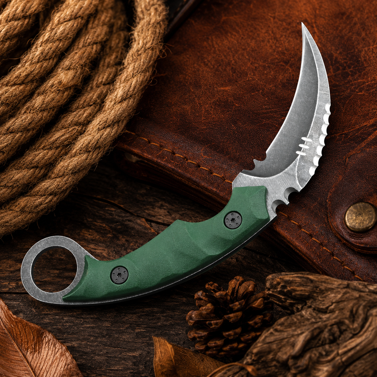Green Handle Karambit-Style Fixed Blade Knife with Curved Silver Blade & Finger Ring – Outdoor Collector Gift