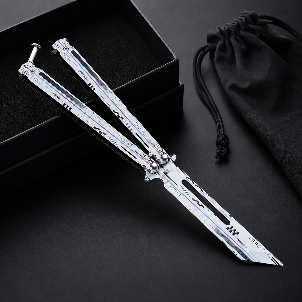 Futuristic Silver Balisong Knife, Premium Butterfly Knife Design, Modern EDC Collectible Folding Knife with Cyber Style Finish