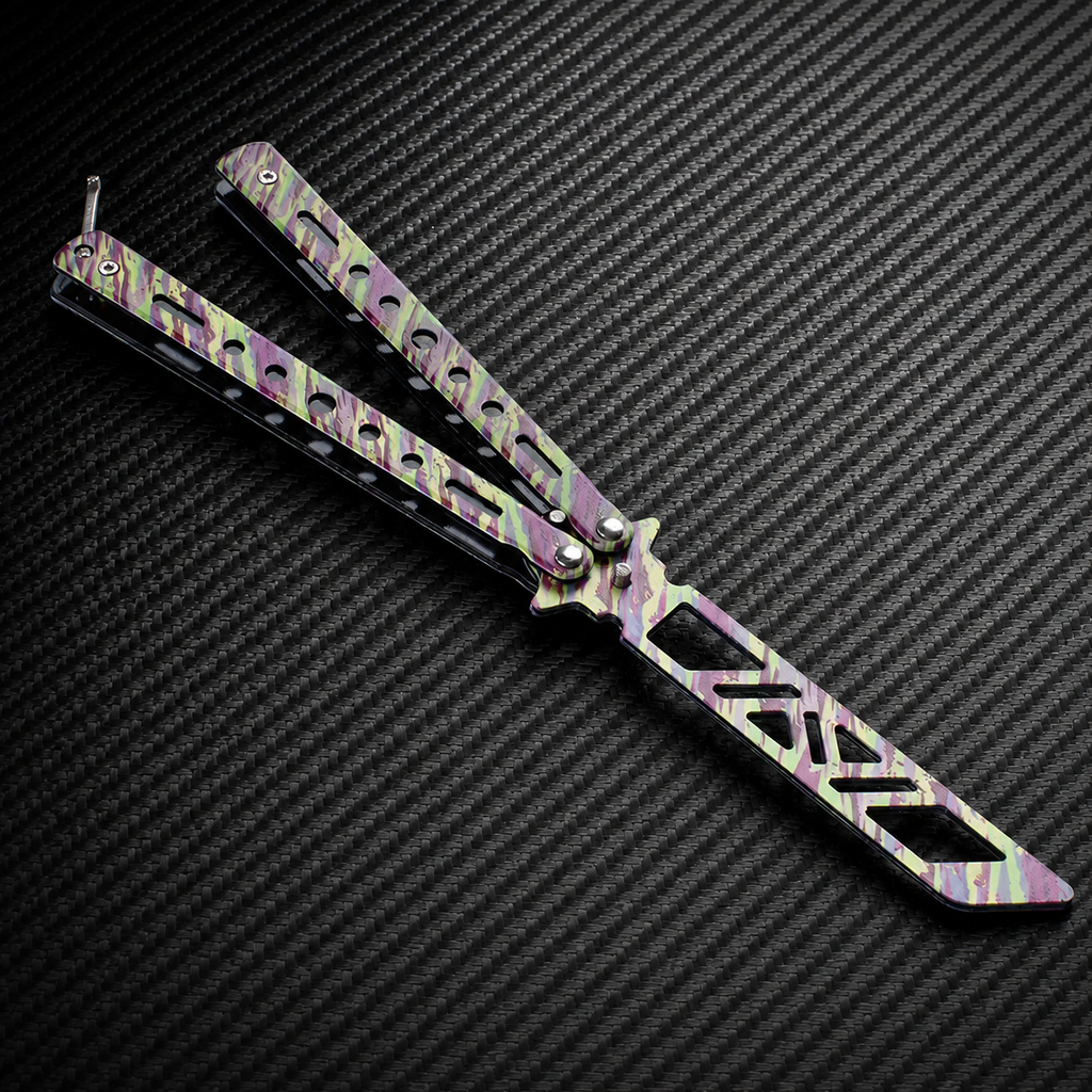 Pastel Camo Balisong Style Collectible, Butterfly Folding Design, Colorful Metal Display Piece with Cutout Blade Look