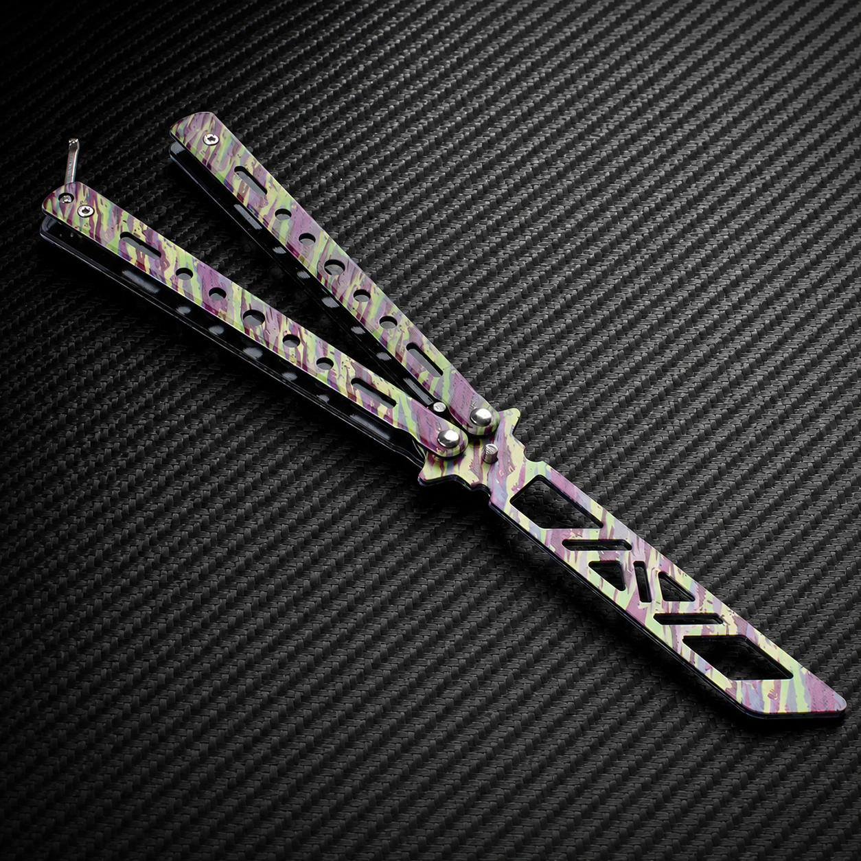 Pastel Camo Balisong Style Collectible, Butterfly Folding Design, Colorful Metal Display Piece with Cutout Blade Look