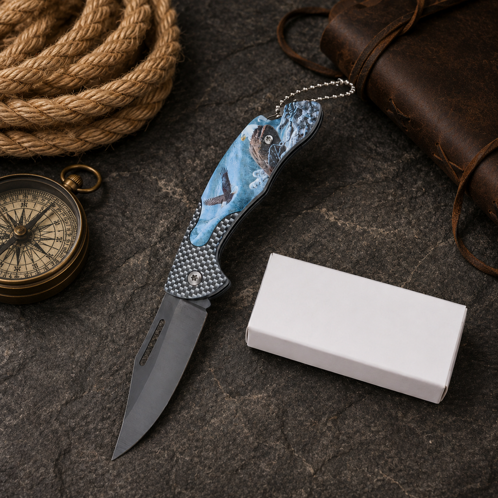 Blue Eagle Graphic Folding Pocket Knife with Gray Blade & Keychain – Outdoor Collector Gift
