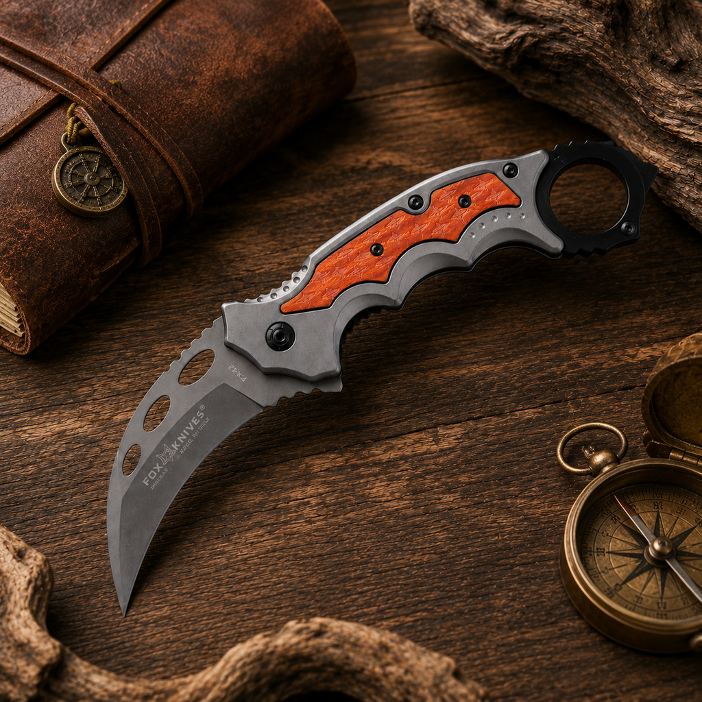 Orange Inlay Karambit-Style Folding Pocket Knife with Finger Ring & Gray Curved Blade – Outdoor Collector Gift