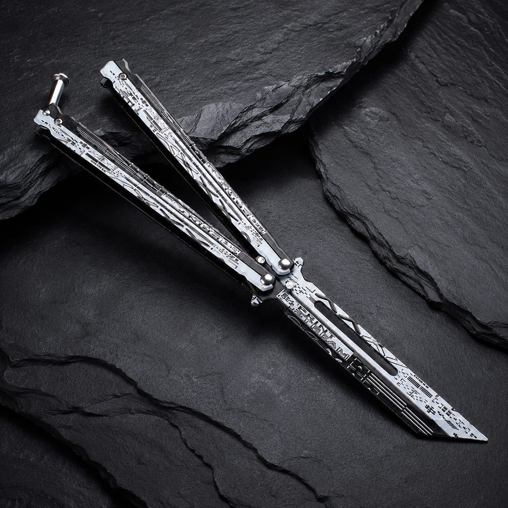 Silver Cyber Balisong Style Collectible, Futuristic Metal Butterfly Design, Modern Display Piece with Tech Graphic Pattern