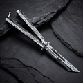 Silver Cyber Balisong Style Collectible, Futuristic Metal Butterfly Design, Modern Display Piece with Tech Graphic Pattern