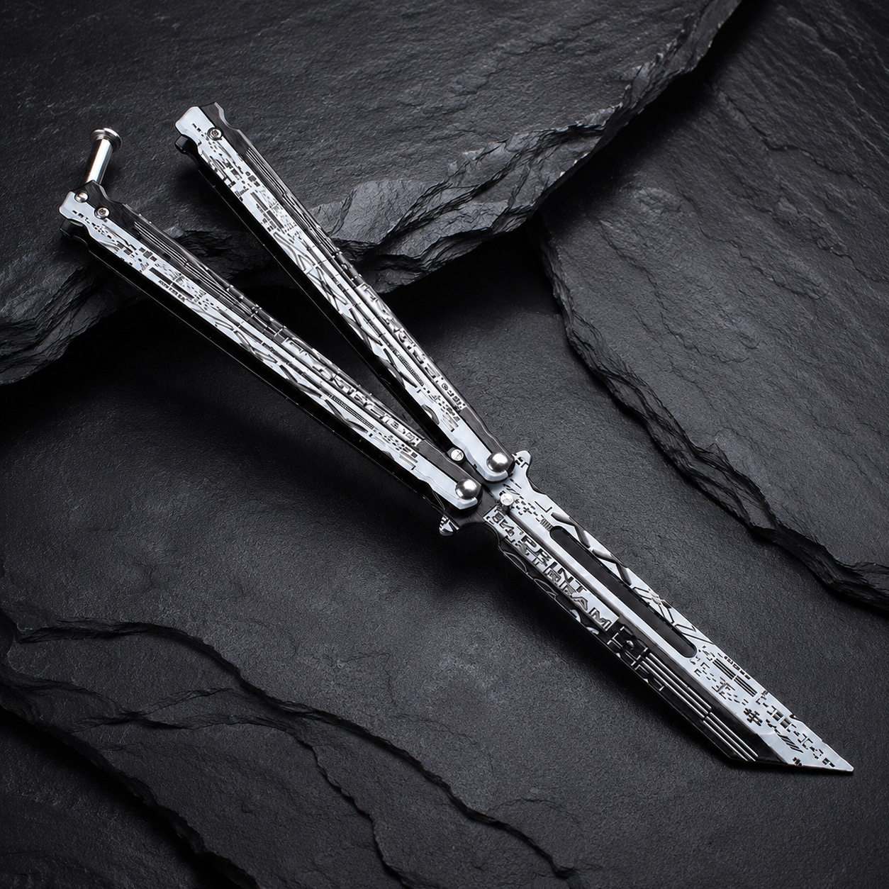 Silver Cyber Balisong Style Collectible, Futuristic Metal Butterfly Design, Modern Display Piece with Tech Graphic Pattern
