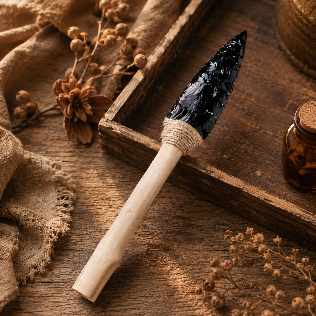Large Black Obsidian Arrowhead Carving with Twine-Wrapped Wooden Handle, Rustic Crystal Display Ornament and Unique Collector Gift