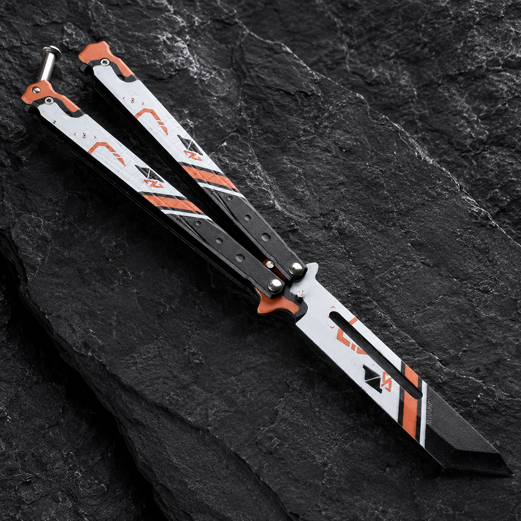 Modern Balisong Butterfly Knife, Black Orange Collectible Folding Design, Artistic EDC Style Display Piece, Unique Gift for Knife Enthusiasts