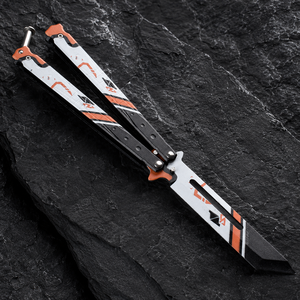 Modern Balisong Butterfly Knife, Black Orange Collectible Folding Design, Artistic EDC Style Display Piece, Unique Gift for Knife Enthusiasts