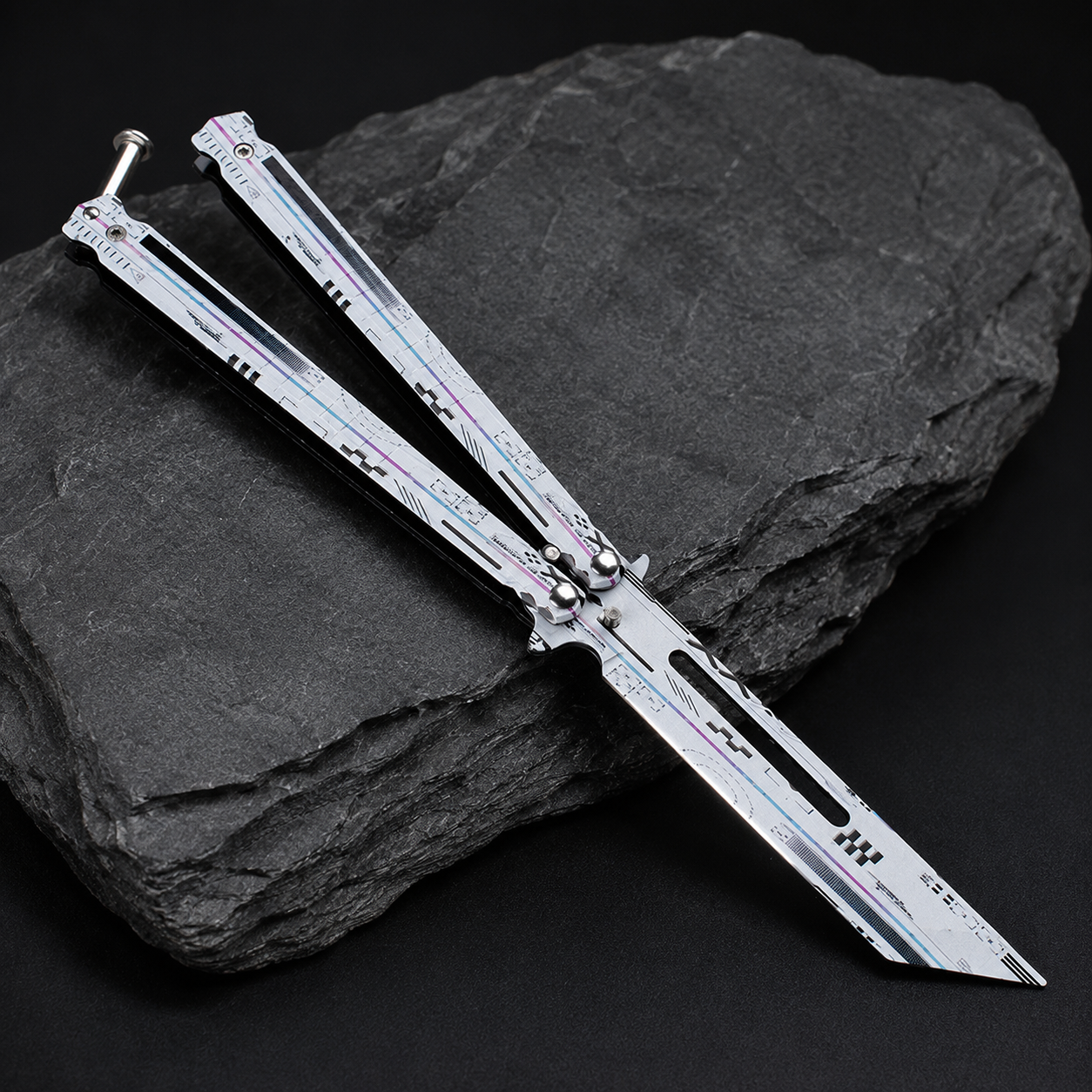 Futuristic Silver Balisong Knife, Premium Butterfly Knife Design, Modern EDC Collectible Folding Knife with Cyber Style Finish