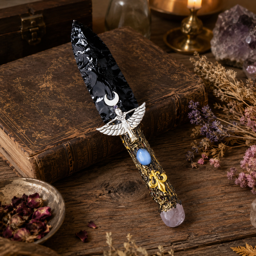 Black Obsidian Celestial Angel Dagger, Ornate Moon Crystal Display Sword, Gothic Altar Decor and Mystical Fantasy Collector Gift