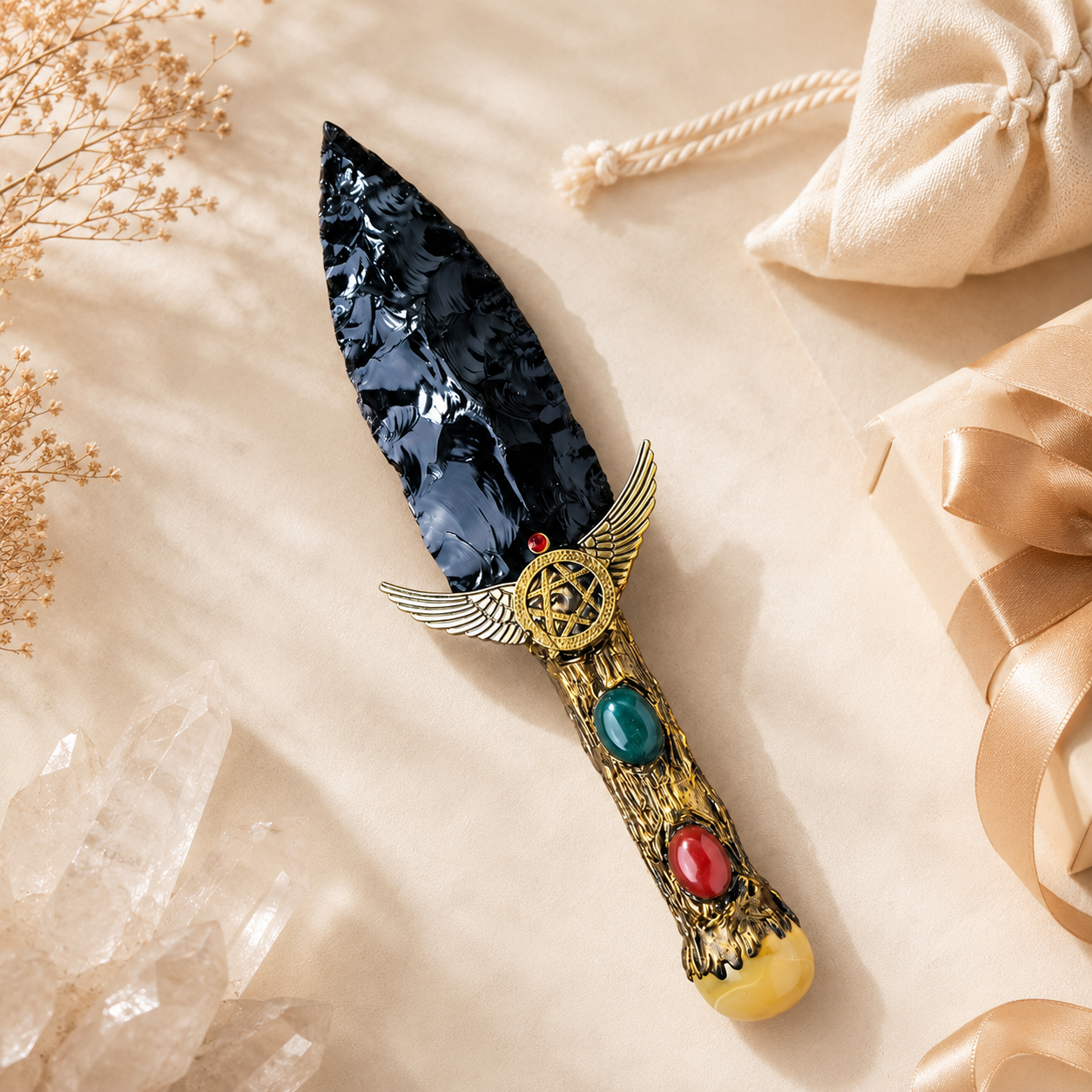Black Obsidian Winged Pentagram Fantasy Dagger, Ornate Crystal Handle, Gothic Altar Decor and Mystical Collector Display Gift