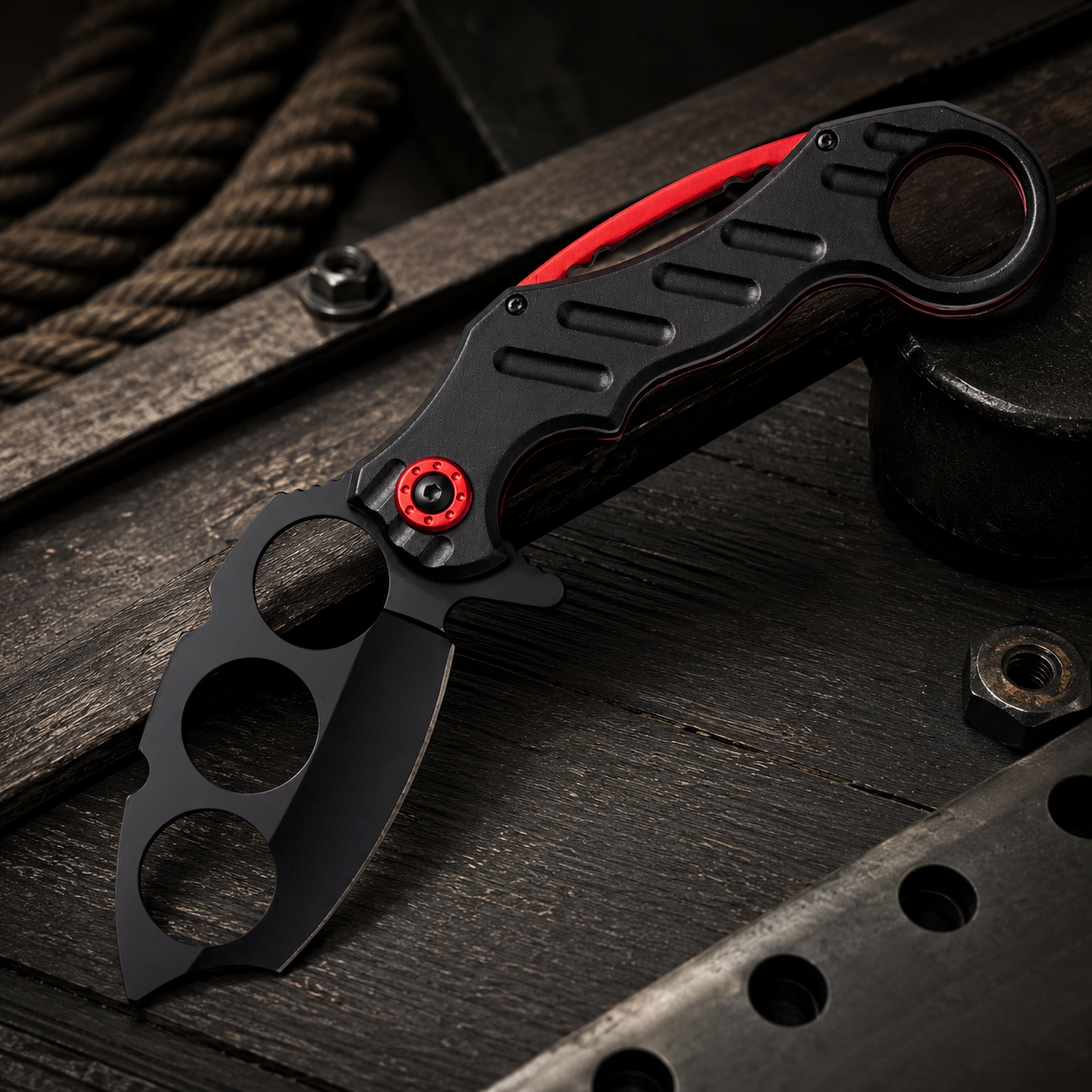 Black & Red Skeletonized Folding Pocket Knife with Triple Blade Cutouts and Finger Ring – Tactical Collector Gift