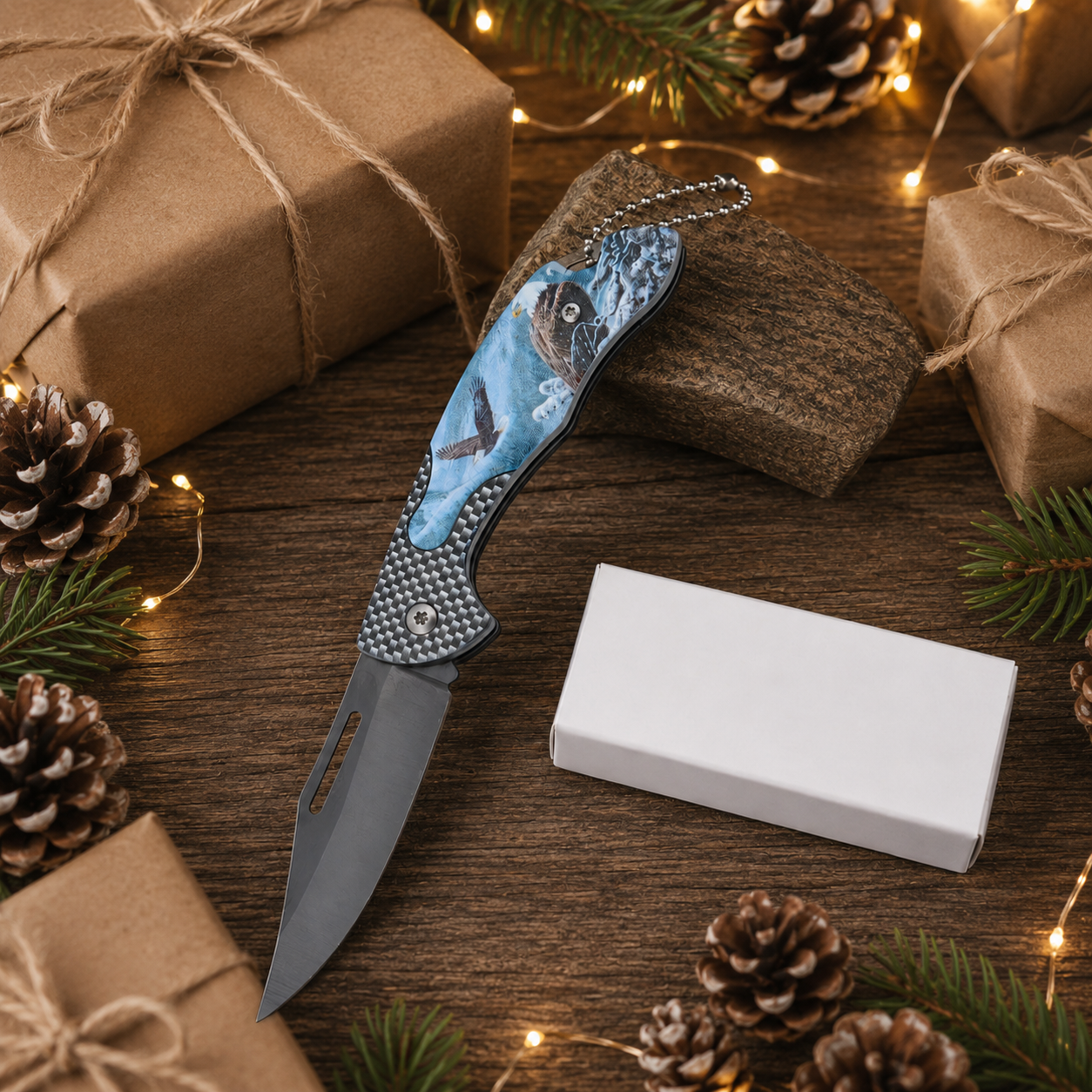 Blue Eagle Graphic Folding Pocket Knife with Gray Blade & Keychain – Outdoor Collector Gift