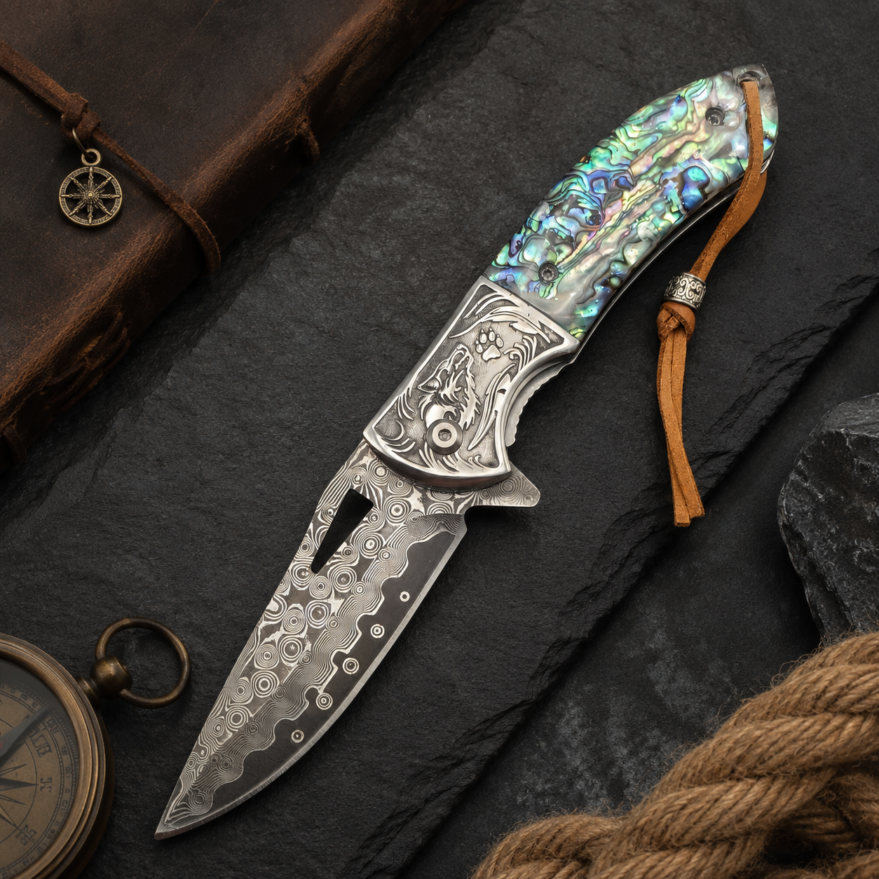 Wolf Engraved Damascus-Pattern Folding Knife with Iridescent Shell Handle & Leather Lanyard