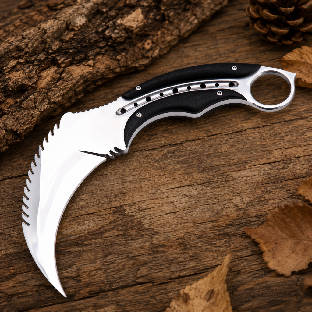 Silver Karambit-Style Fixed Blade Knife with Black Textured Handle & Finger Ring – Collector Display Gift