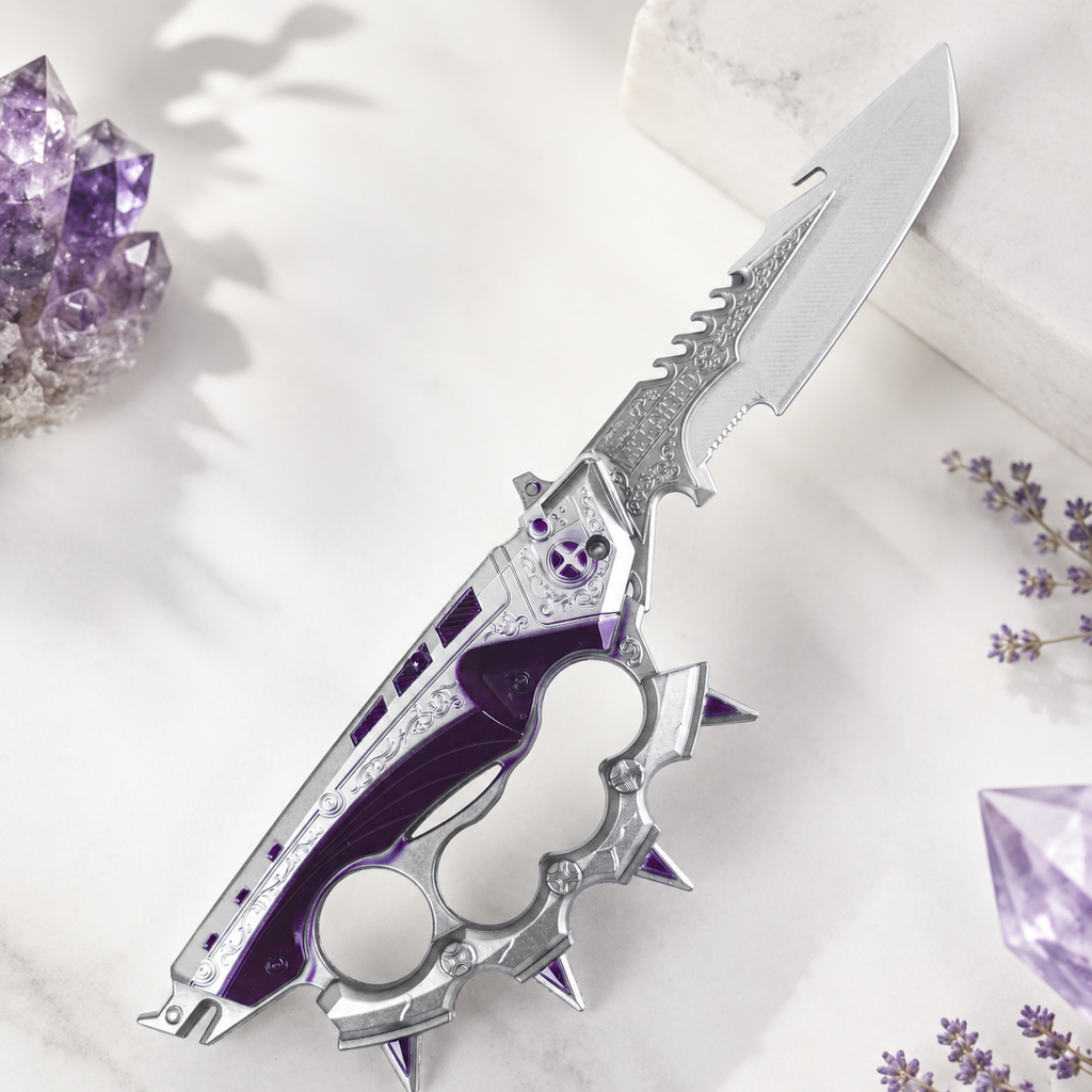 Purple & Silver Fantasy Folding Knife with Ornate Blade and Knuckle-Guard Handle – Gothic Collector Gift
