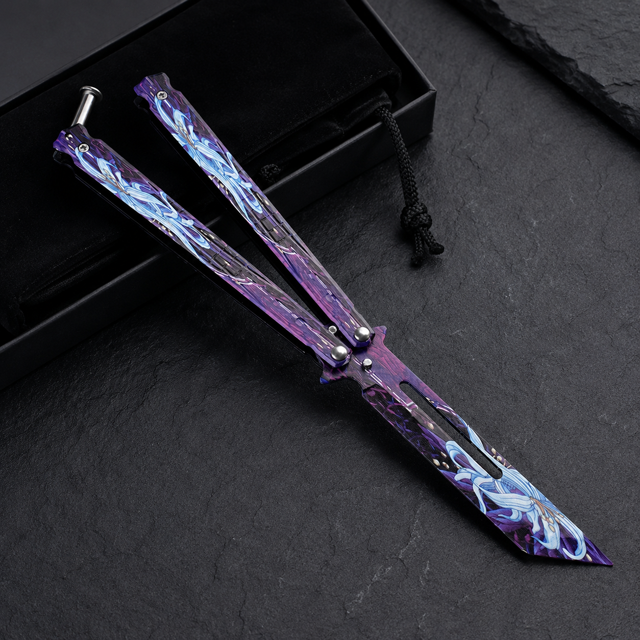 Purple Butterfly Knife Inspired Folding Collectible, Artistic Metal Design, Unique Pocket Display Piece, Modern EDC Style Gift