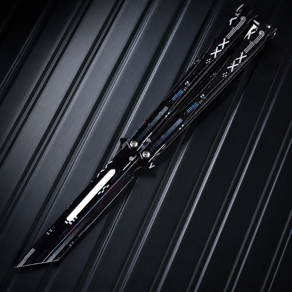 Black Cyber Balisong Butterfly Knife, Futuristic Folding Knife Collectible, XXX Graphic Metal Design, Modern Display Gift