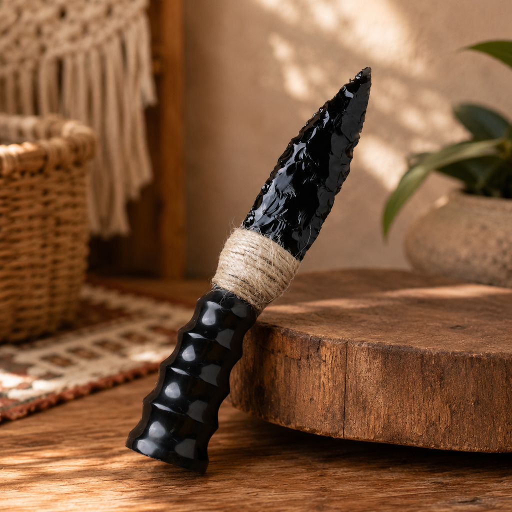 Large Black Obsidian Arrowhead Carving with Natural Horn Handle, Twine-Wrapped Rustic Crystal Display Ornament and Collector Gift