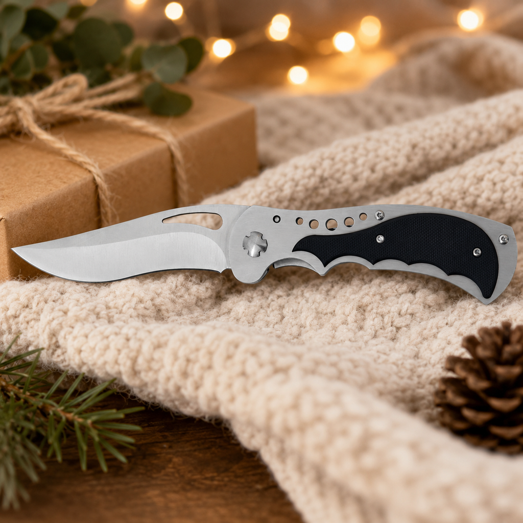 Silver Folding Pocket Knife with Black Textured Handle, Wide Curved Blade and Ergonomic Finger Grooves – Outdoor Collector Gift