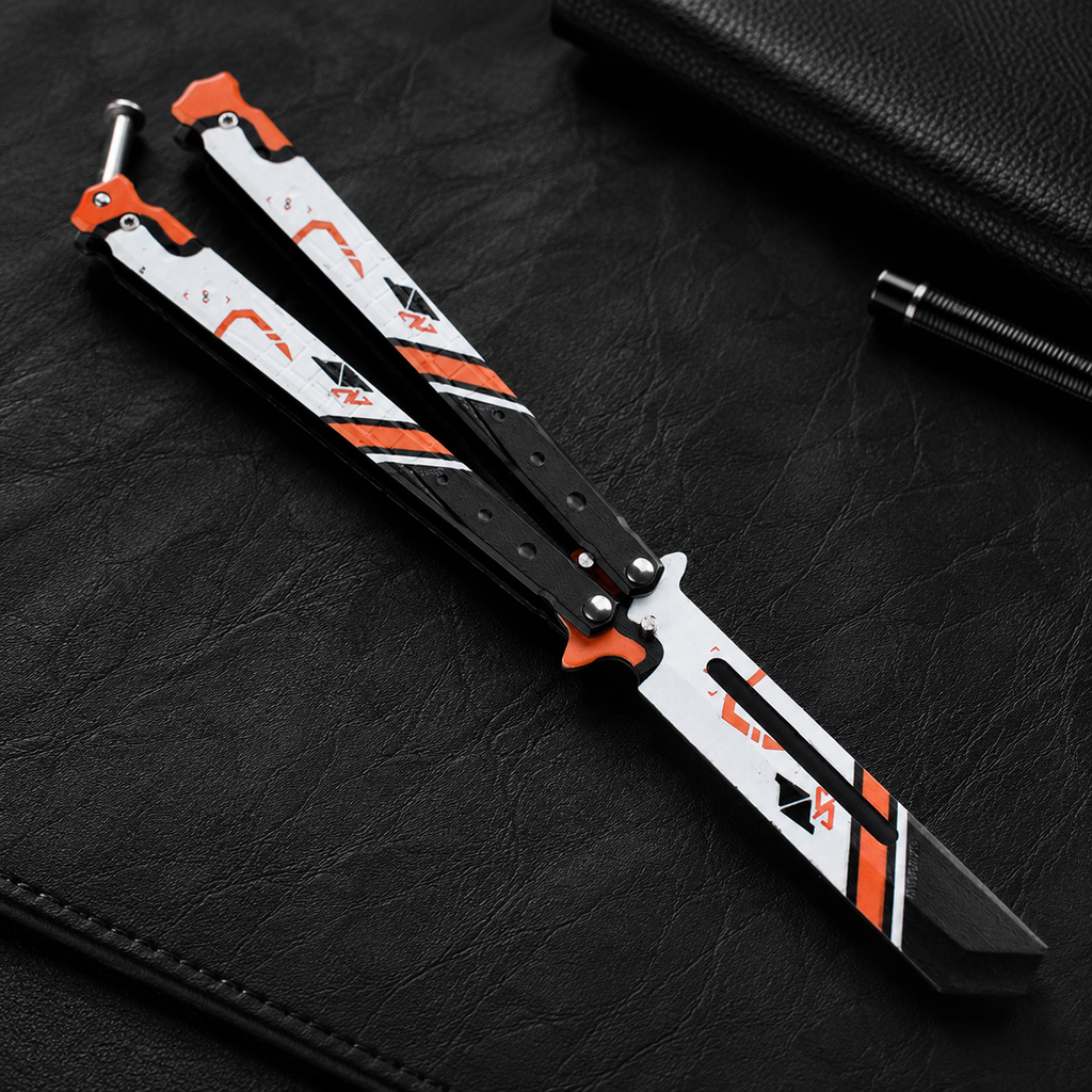 Modern Balisong Butterfly Knife, Black Orange Collectible Folding Design, Artistic EDC Style Display Piece, Unique Gift for Knife Enthusiasts