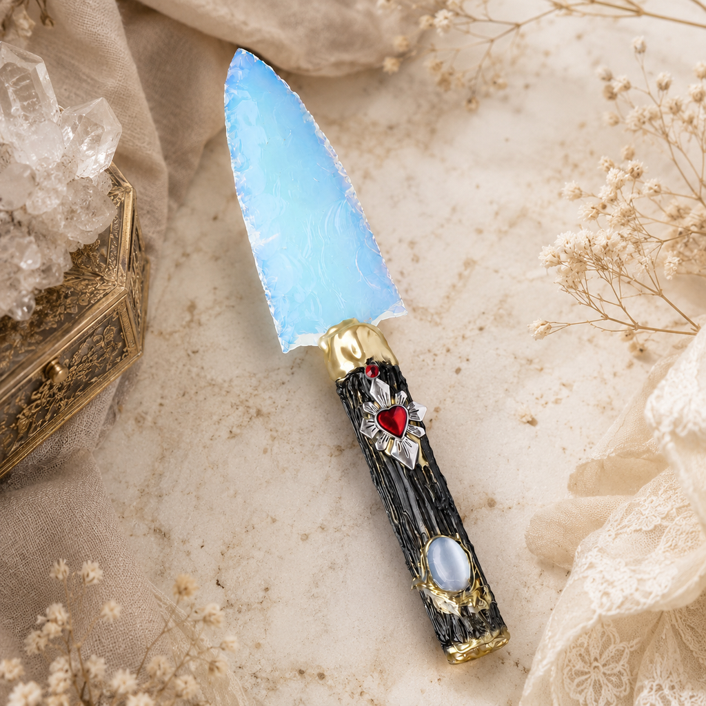White Opalite Fantasy Dagger with Sacred Heart Handle, Iridescent Crystal Display Ornament, Gothic Altar Decor and Collector Gift