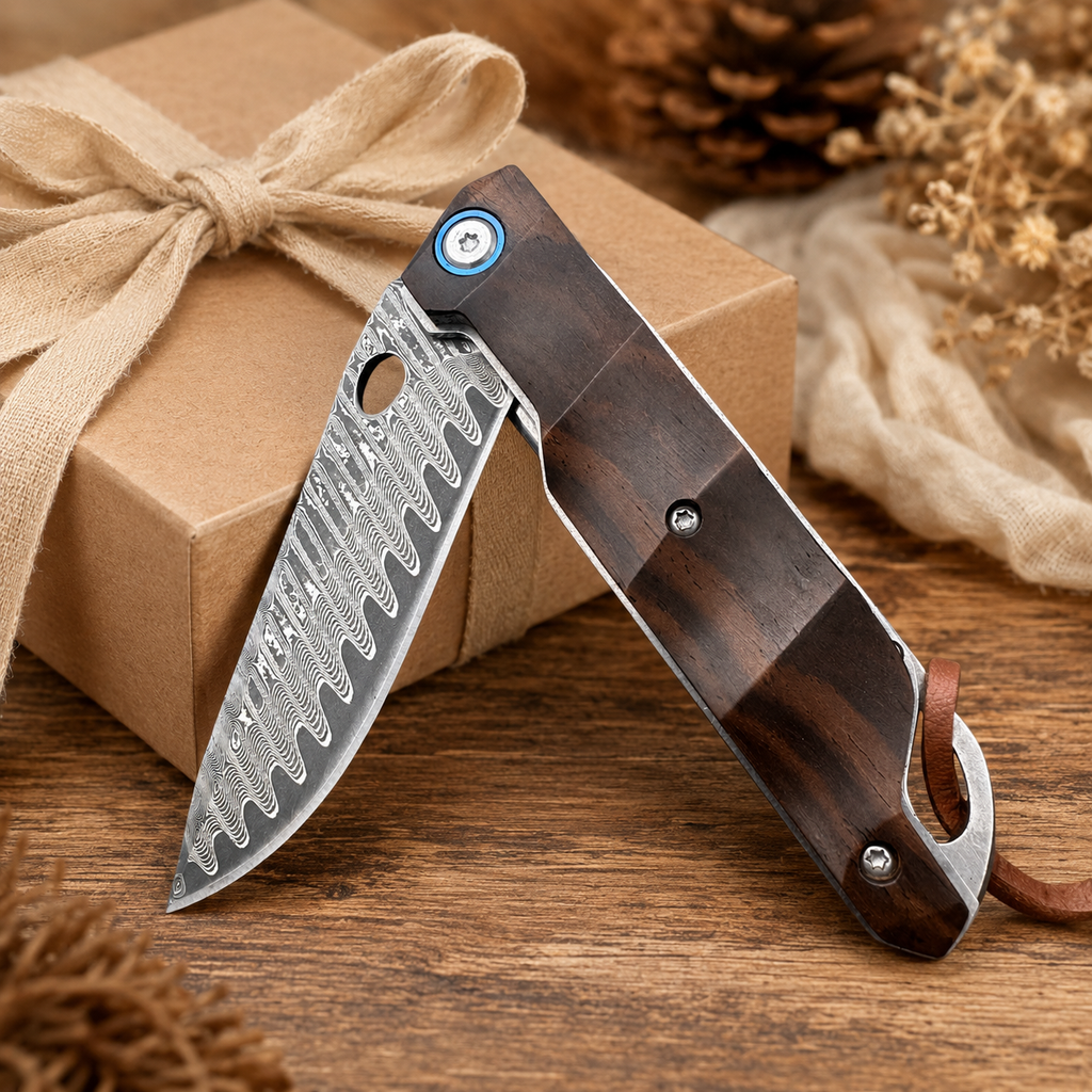 Damascus-Pattern Folding Pocket Knife with Dark Wood Handle, Blue Pivot Accent and Leather Lanyard – Rustic Collector Gift
