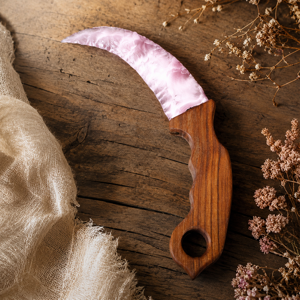 Pink Crescent Crystal Dagger with Wooden Handle, Moon-Shaped Fantasy Display Ornament, Mystical Altar Decor and Collector Gift