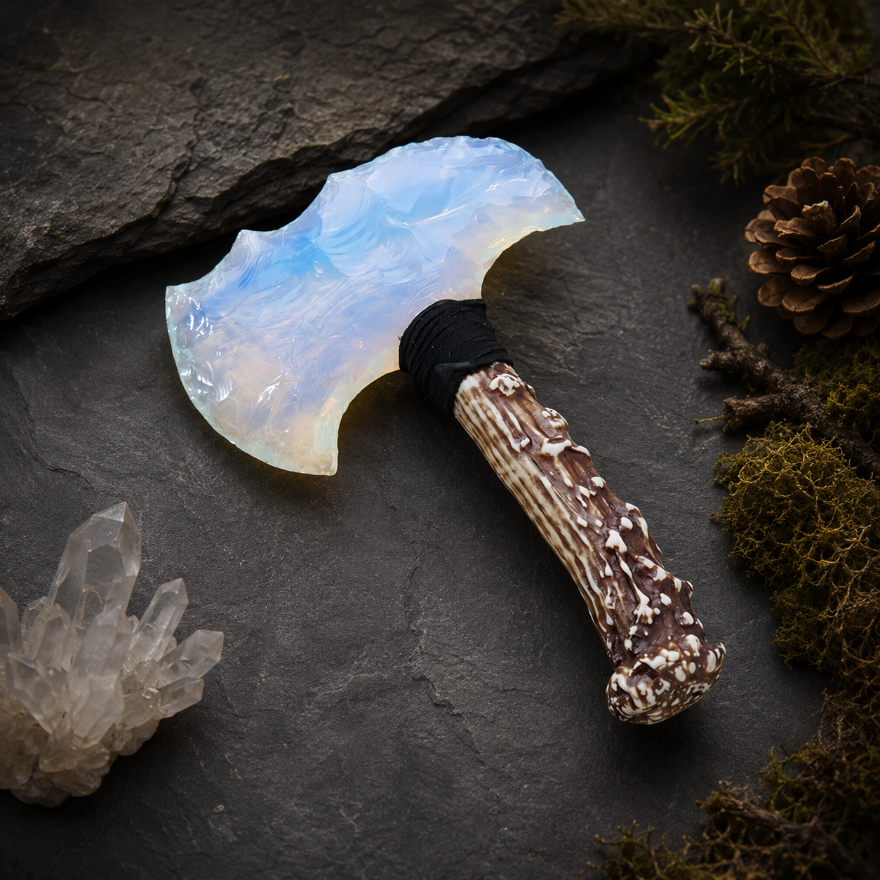 Opalite Double Crescent Axe with Antler-Style Handle, Iridescent Crystal Display Ornament, Rustic Fantasy Decor and Collector Gift