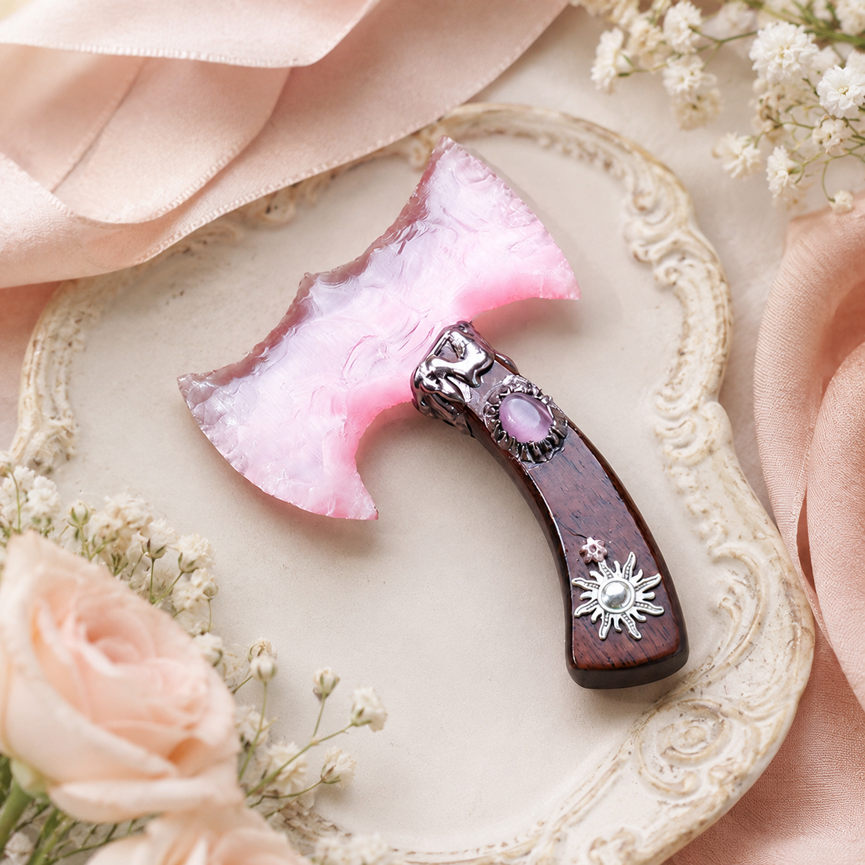 Pink Cat Eye Stone Double Crescent Axe, Sun and Moon Wooden Handle, Fantasy Crystal Display Decor and Mystical Collector Gif