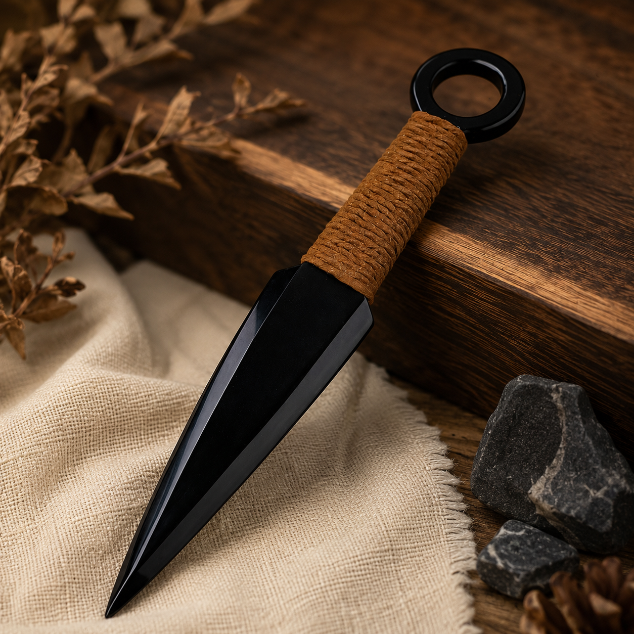 Natural Black Obsidian Kunai Carving, Cord-Wrapped Crystal Display Ornament, Ninja-Inspired Gothic Altar Decor and Collector Gift