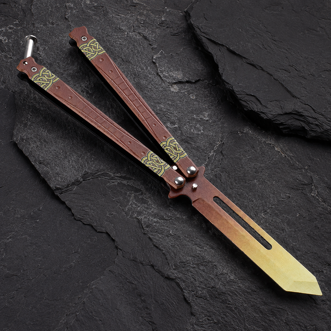 Brown Gold Balisong Style Collectible, Vintage Inspired Butterfly Design, Wood Grain Handle Look, Modern Display Piece