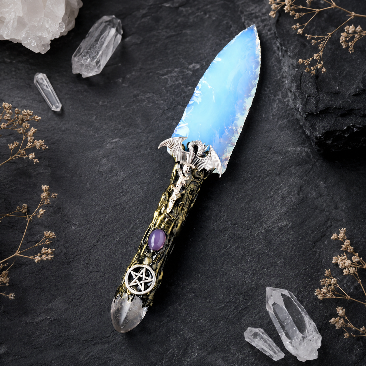 White Opalite Dragon Fantasy Dagger, Ornate Crystal Blade with Pentagram Handle, Gothic Altar Decor and Mystical Collector Gift