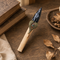 Large Black Obsidian Arrowhead Carving with Wooden Handle, Antique Alloy Wing Ornament, Rustic Crystal Display and Collector Gift