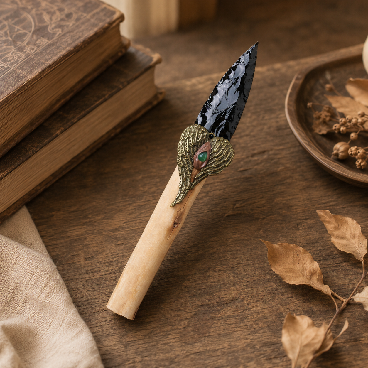 Large Black Obsidian Arrowhead Carving with Wooden Handle, Antique Alloy Wing Ornament, Rustic Crystal Display and Collector Gift