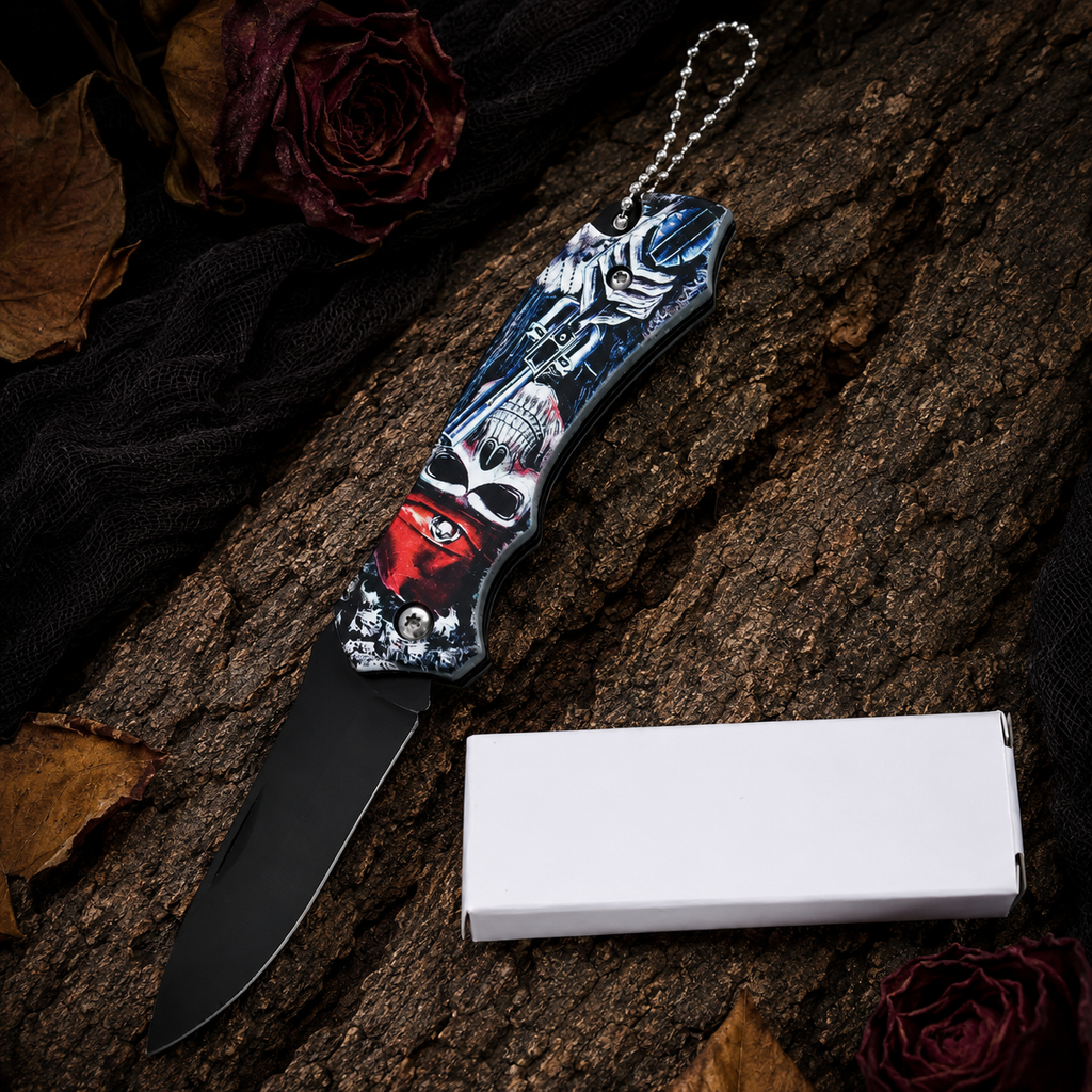Gothic Skull Graphic Folding Pocket Knife with Black Blade & Keychain – Dark Fantasy Collector Gift