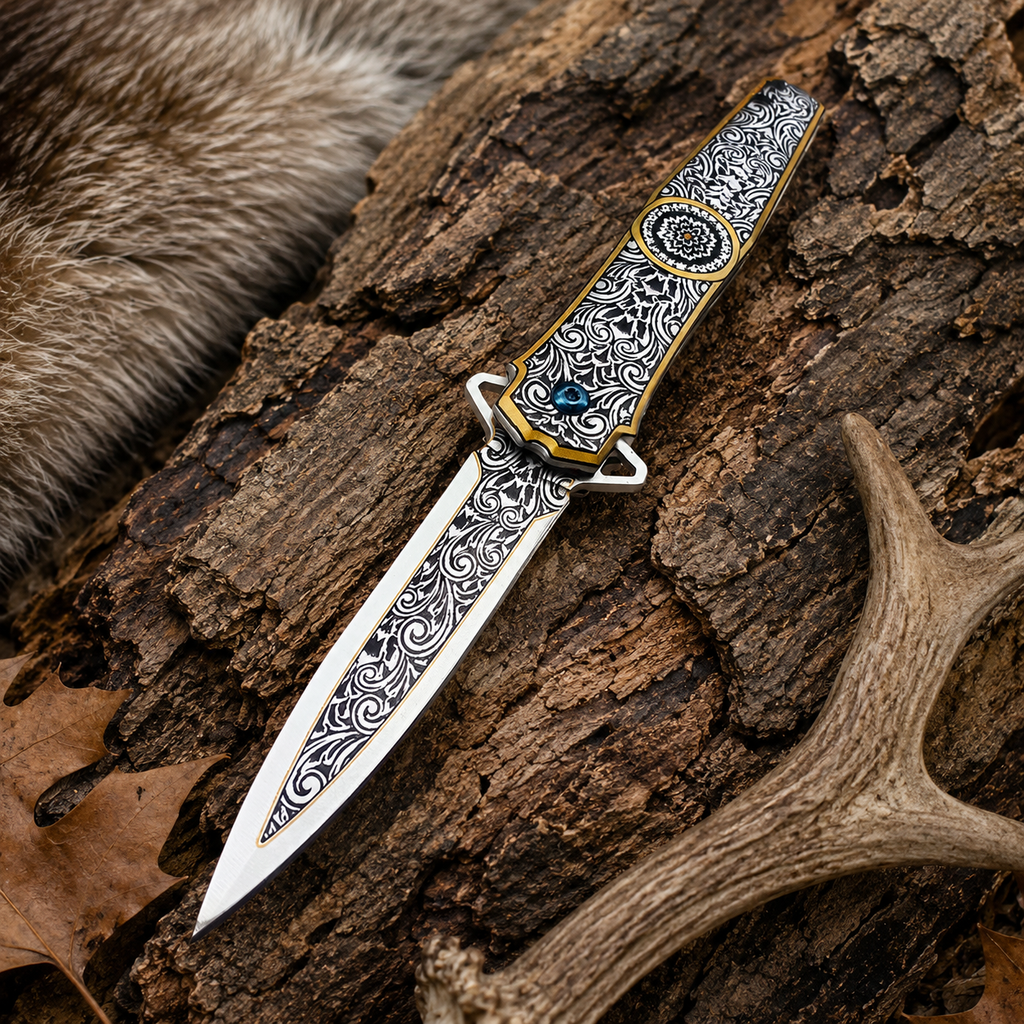 Ornate Black & Gold Engraved Folding Knife with Mandala Design – Decorative Collector Pocket Knife