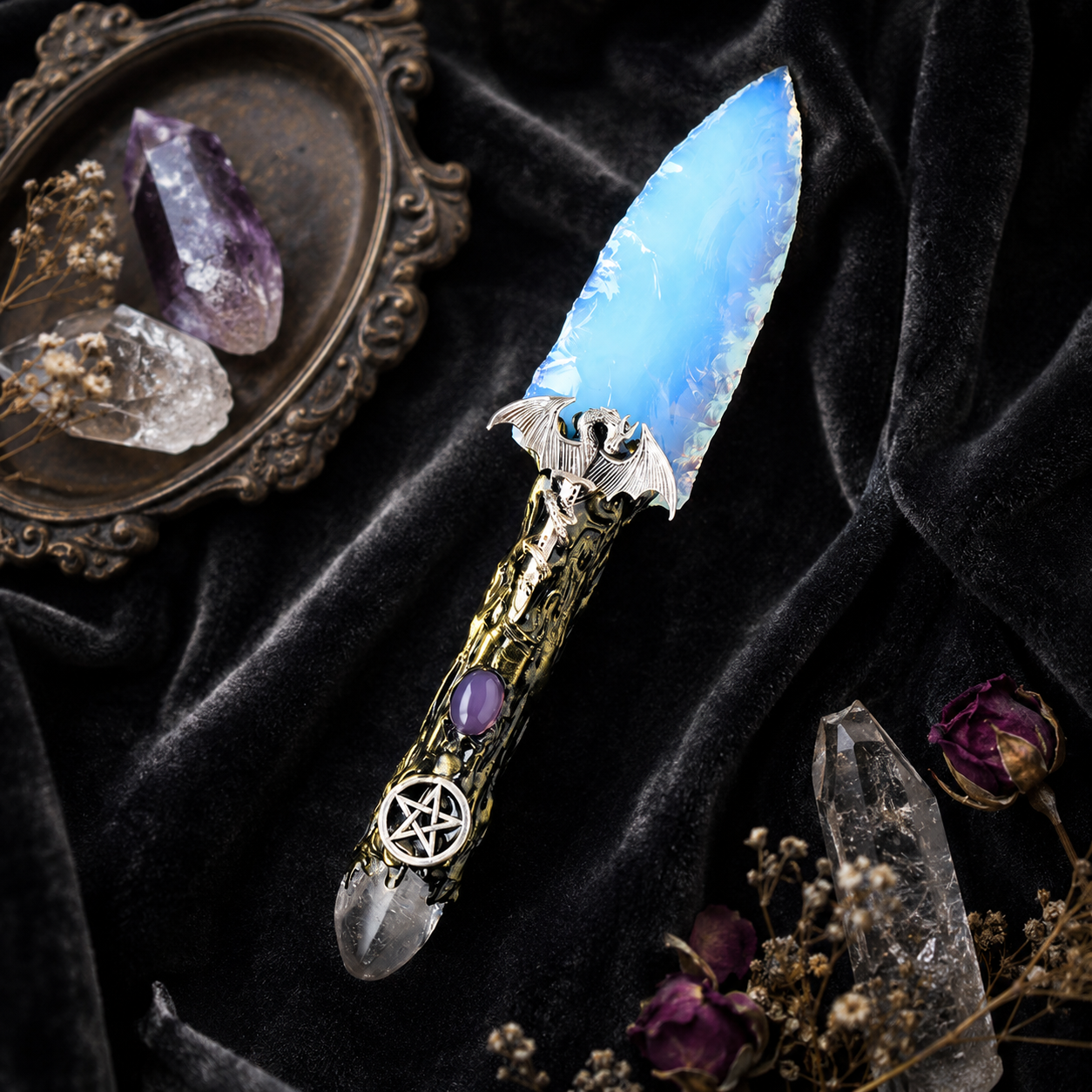 White Opalite Dragon Fantasy Dagger, Ornate Crystal Blade with Pentagram Handle, Gothic Altar Decor and Mystical Collector Gift