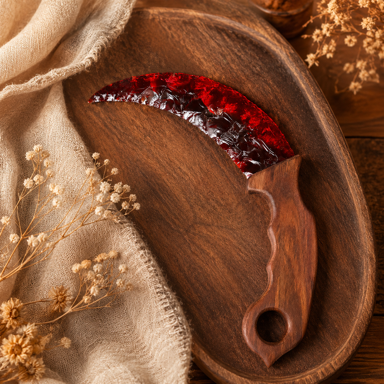 Ruby Red Crescent Crystal Dagger with Wooden Handle, Moon-Shaped Fantasy Display Ornament, Gothic Altar Decor and Collector Gift