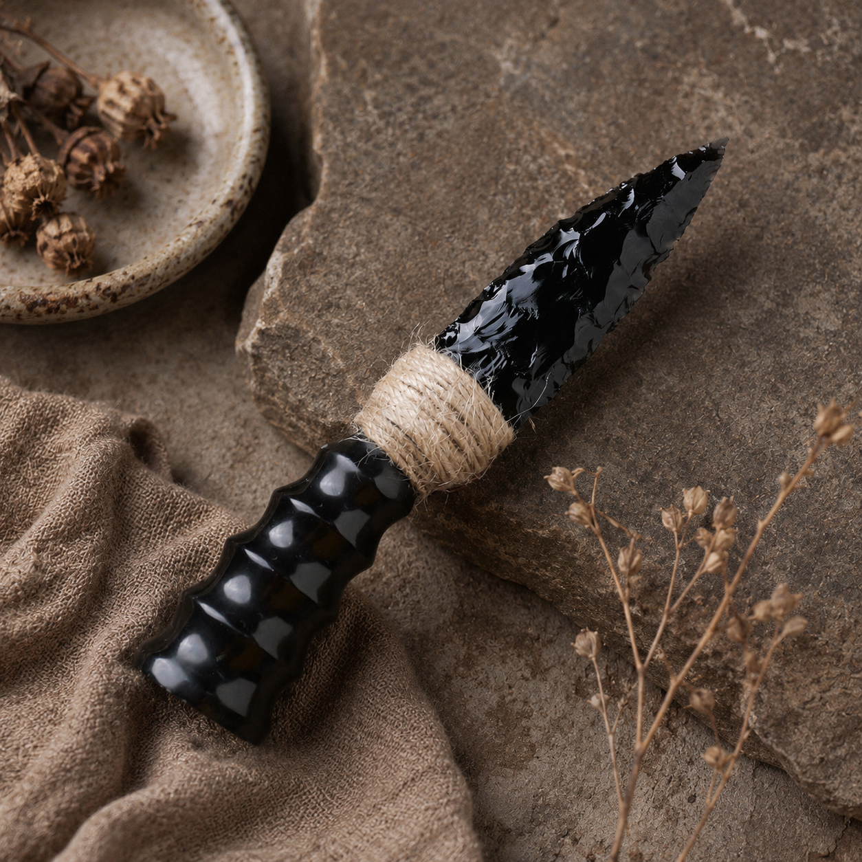 Large Black Obsidian Arrowhead Carving with Natural Horn Handle, Twine-Wrapped Rustic Crystal Display Ornament and Collector Gift