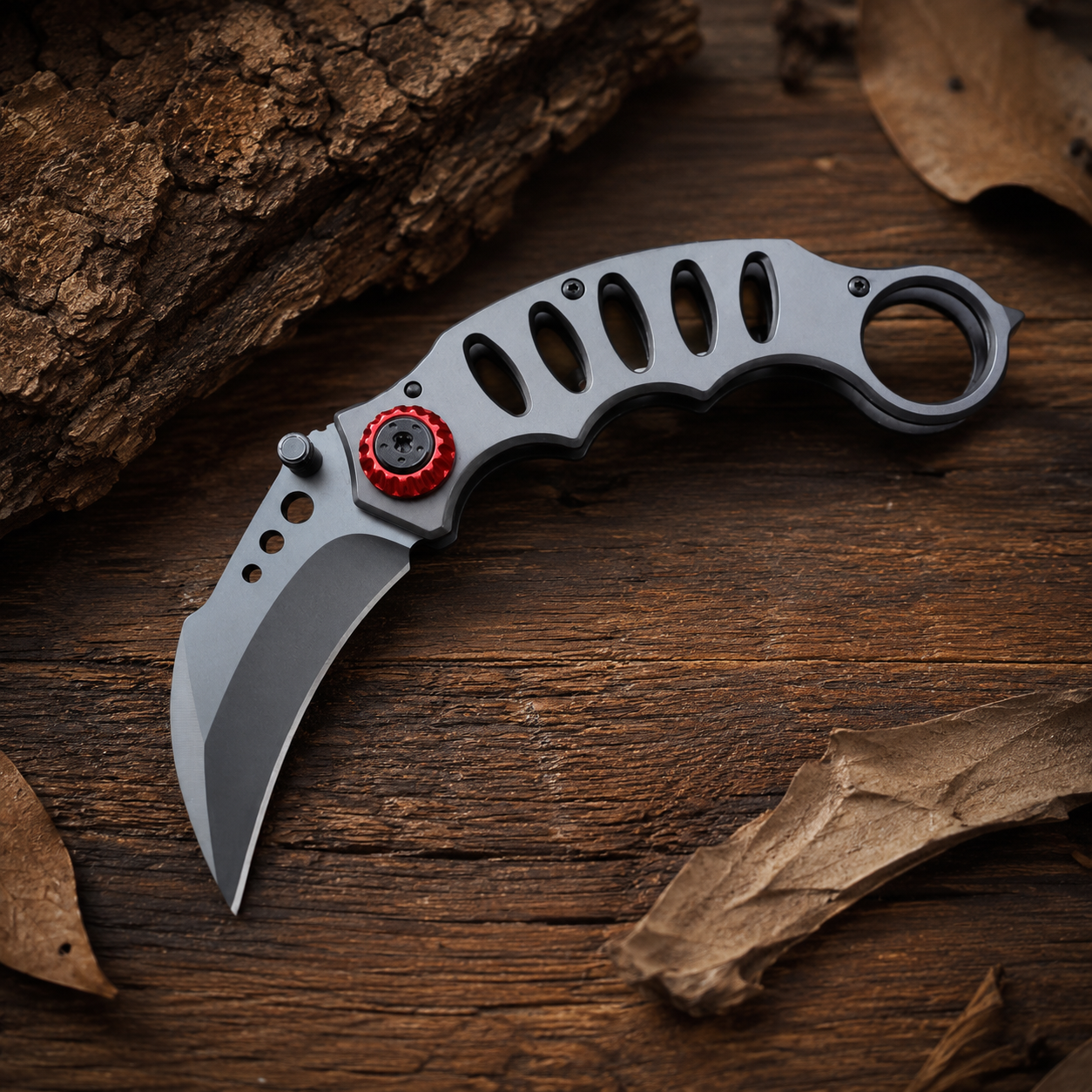 Gray Skeletonized Karambit-Style Folding Pocket Knife with Red Pivot Accent, Curved Blade and Finger Ring – Collector Gift