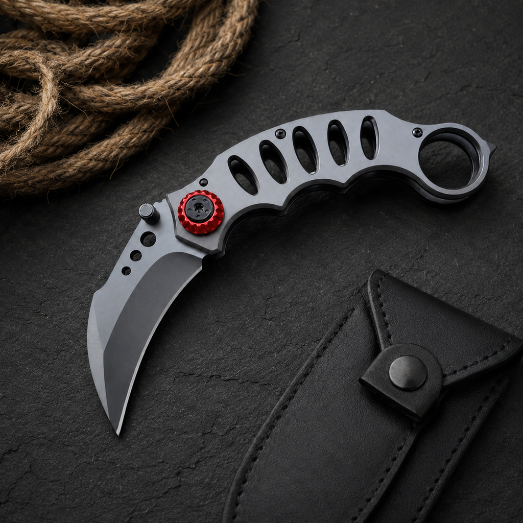 Gray Skeletonized Karambit-Style Folding Pocket Knife with Red Pivot Accent, Curved Blade and Finger Ring – Collector Gift