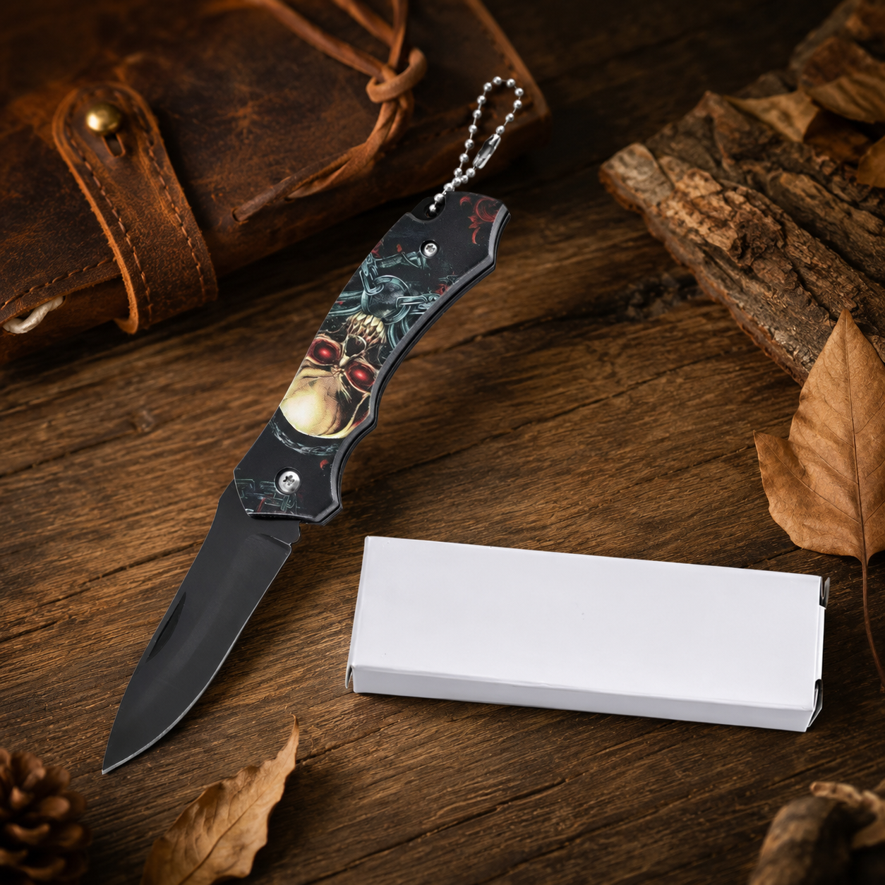 Steampunk Skull Graphic Folding Pocket Knife with Black Blade & Keychain – Gothic Collector Gift
