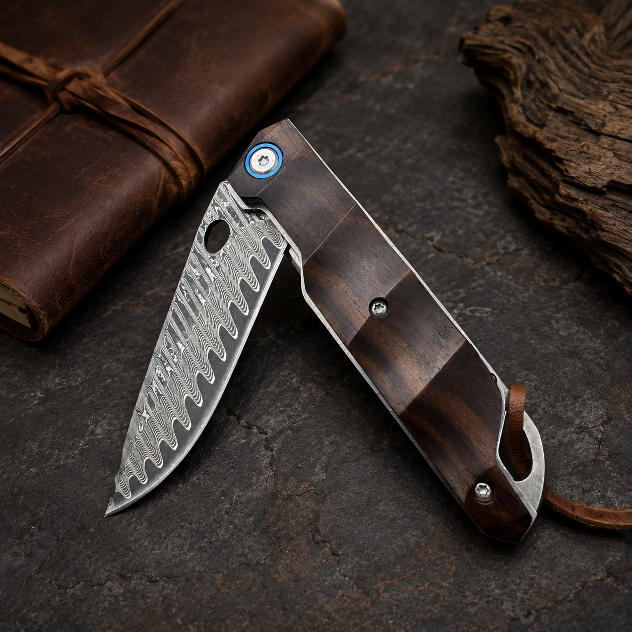 Damascus-Pattern Folding Pocket Knife with Dark Wood Handle, Blue Pivot Accent and Leather Lanyard – Rustic Collector Gift